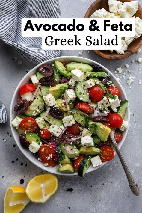 Tomato Avocado Feta Salad, Avocado Cucumber Tomato Salad Feta, Avocado Greek Salad, Greek Salad With Avocado, Mediterranean Avocado Salad, Feta Cucumber Avocado Salad, Avacodo Salad Keto, Feta Olive Salad, Greek Tomato Salad