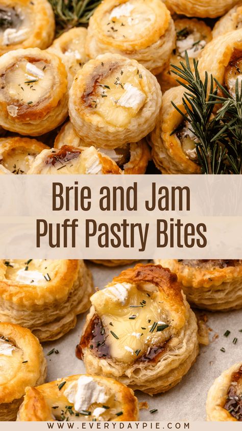 Flaky, creamy, and sweet, these Brie and Jam Puff Pastry Bites are the perfect holiday or party appetizer! Baked Brie Wrapped In Puff Pastry, Baked Brie Puff Pastry Recipes, Mini Brie Bites Recipes, Puff Pastry Orderves, Baked Brie In Puff Pastry Bites, Baked Brie In Puff Pastry Red Pepper Jelly, Pastry Bites Savory, Puff Pastry Recipes Brie, Apple Cheddar Puff Pastry