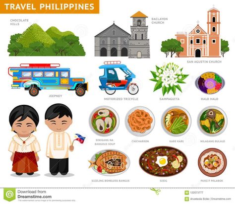 Travel To Philippines. Filipinos In National Dress. Stock Vector - Illustration of infographics, locals: 122073777 Philippine Culture Poster, Travel To Philippines, Kare Kare, Philippines Food, Filipino Art, Philippines Culture, School Culture, Dress Illustration, Filipino Culture