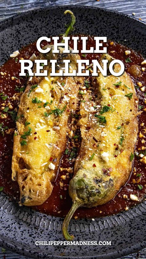 Chile Relleno in a skillet looking super yum. Poblano Chile Relleno, Chilli Rellenos Recipe, Mexican Chili Relleno Recipe, Chile Pepper Madness, Mexican Stuffed Jalapeno Peppers, Stuffed Relleno Peppers, Grilled Chili Relleno Recipe, Roasted Stuffed Poblano Peppers, Stuffed Poblanos With Beef