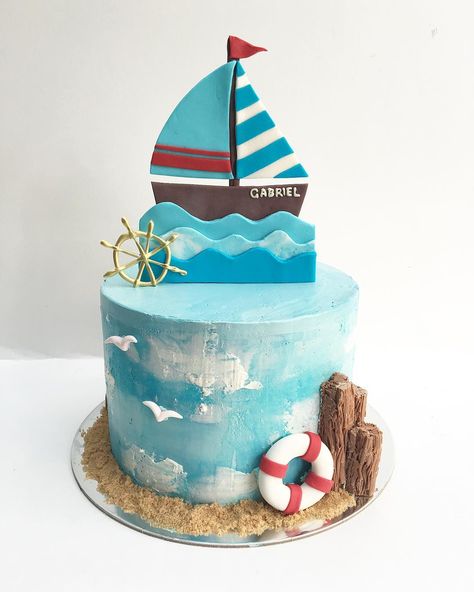 Amy | CUSTOM CAKES on Instagram: “Nautical themed cake for baby Gabriel! See you soon…” Nautical Birthday Cakes, Sailor Cake, Sailboat Cake, Boat Cake, Cake For Baby, Boys 1st Birthday Cake, Cookies Cupcake, Ocean Cakes, Nautical Cake