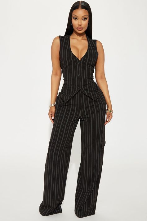 Heidy Pinstripe Vest Pant Set - Black Fashion Nova Suits, All Black Graduation Outfit, Capsule Wardrobe Black Women, Female Gangster Outfit, Pants And Vest Outfit, Business Professional Outfits Plus Size, All Black Birthday Outfit, Business Fashion Women, Black Women Business Attire