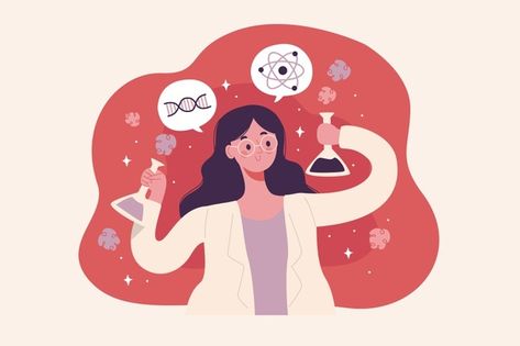 Scientist Illustration, Research Abstract, Female Scientist, Chemistry Art, Woman Character, 잡지 레이아웃, Science Icons, Science Stickers, Biology Art