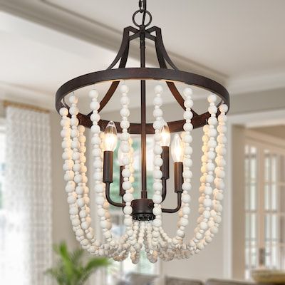 LNC Bohemia 4-Light Distressed White and Rustic Bronze Bohemian/Global Beaded Chandelier in the Chandeliers department at Lowes.com White Bead Chandelier, Wood Bead Chandelier, Candlestick Lamps, Industrial Chandelier, Farmhouse Chandelier, 3 Light Chandelier, Candle Style Chandelier, Candle Chandelier, Hanging Ceiling Lights