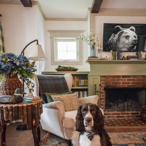 Sherwin Williams Artichoke, Artichoke Kitchen, Red Brick Fireplace, Old Hickory Furniture, Beige Paint Colors, International Dog Day, Hickory Furniture, Mountain Cottage, Neutral Paint Color