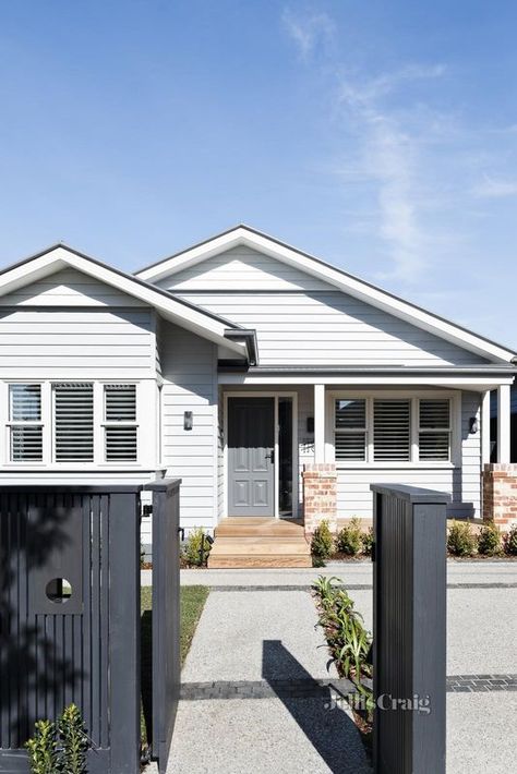 White Weatherboard House, Weatherboard House, Black Fence, California Bungalow, House Shutters, House Viewing, 4 Bedroom House, Facade House, Local Design