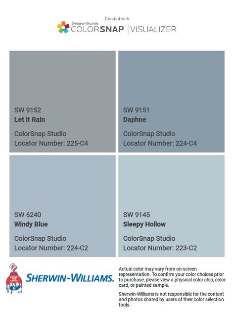 I just created this color palette with the Sherwin-Williams ColorSnap® Visualizer app on my Android phone. What do you think? You can learn more about ColorSnap Visualizer and get it on your phone free by visiting https://www.sherwin-williams.com/content/colorsnap.html. Denim Sherwin Williams, Favorite Jeans Paint Sherwin Williams, Meditative Blue Sherwin Williams, Copen Blue Sherwin Williams Exterior, Sherwin Williams Loyal Blue, Sherwin Williams Resolute Blue, Kitchen Refresh, Color Chip, Coastal Interiors