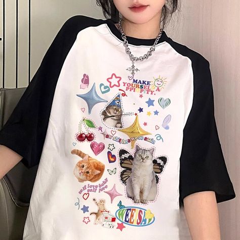 Smarter Shopping, Better Living! Aliexpress.com Cat Shirt Y2k, Preppy Kawaii, Crewneck Sweatshirt Outfit, Tops Korean, Summer Cotton Tops, Animal Print T Shirts, Cartoon Cats, Kawaii Shirts, Sweatshirt Outfit