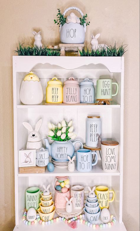 Easter Shelf Decor, Easter Hutch Decor, Rae Dunn Easter Display, Rae Dunn Hutch Display, Rae Dunn Display, Easter Kitchen Decor, Coffee Shelf, Easter Wood Signs, Easter Display