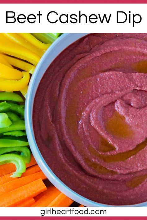 This creamy beet cashew dip is made with only 6 ingredients and tastes so delicious! Serve with chips or veggie sticks for one satisfying snack. #beetcashewdip #beetrootdip #beetdip #dip #beetdip #vegetabledip Beet Dip Recipe, Gluten Free Super Bowl Food, Beet Dip, Cashew Dip, Raw Eating, Dip Healthy, Healthy Dip Recipes, Veggie Sticks, Best Dip Recipes