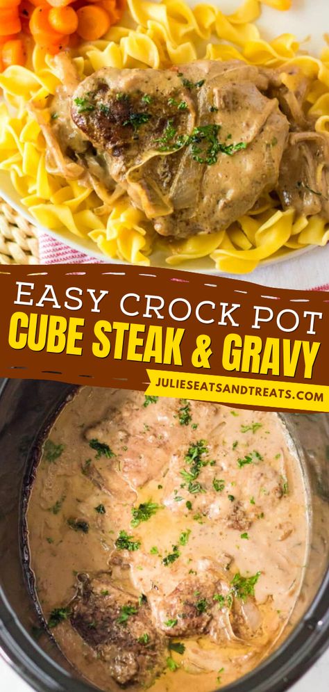 Want a simple dinner recipe? This Crockpot Cube Steak and Gravy is made with only five ingredients and is best served over a bed of egg noodles or mashed potatoes. It's one of the best quick dinner ideas to try! Crockpot Cube Steak And Gravy, Crock Pot Cubed Steak Recipes, Steak Gravy Recipe, Cube Steak Crock Pot Recipes, Crock Pot Cube Steak, Crockpot Steak Recipes, Steak And Gravy, Cube Steak And Gravy, Crockpot Cube Steak