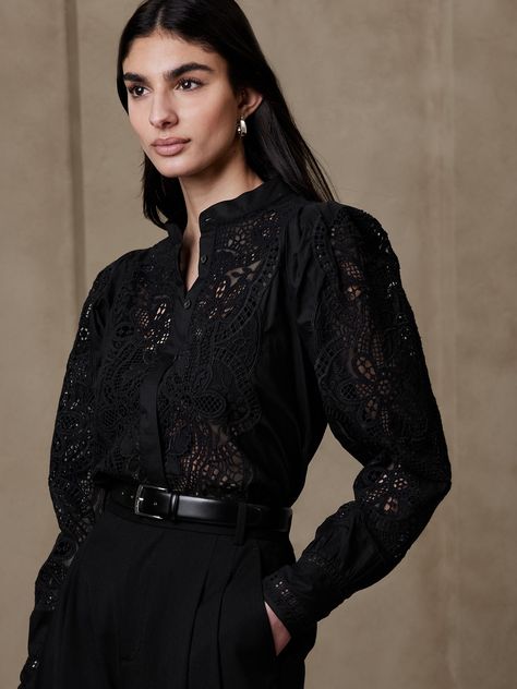 Lace Blouse Outfit, Black Lace Top Outfit, Lace Blouse Black, Katun Bordir, Feminine Color Palette, Lace Blouse Long Sleeve, Professional Headshots, Black Floral Blouse, Black Lace Blouse