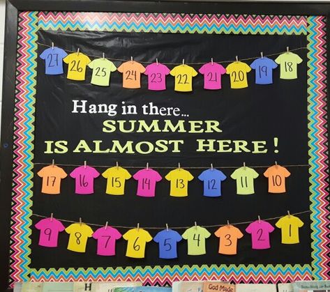 End of the year countdown bulletin board. Hang in there summer is almost here #blackandbright #countdownbulletin #hanginthere Countdown Bulletin Board, Door Bulletin Boards, School Countdown, Countdown To Summer, Summer Bulletin Boards, Spring Bulletin, Ra Bulletin Boards, Spring Bulletin Boards, Preschool Bulletin