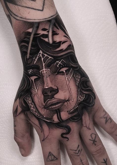 Hades Hand Tattoo, Mythology Hand Tattoo, Hand Mask Tattoo, Anrijs Straume, Angel Sleeve Tattoo, Japanese Hand Tattoos, Coffin Tattoo, Herren Hand Tattoos, Hand Tattoo Designs