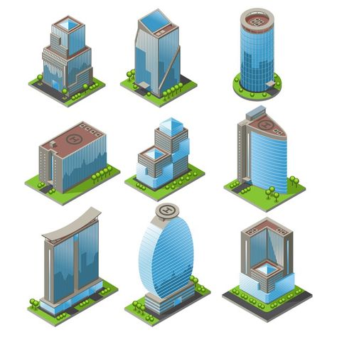 Isometric urban office buildings set Fre... | Free Vector #Freepik #freevector #tree #abstract #city #building Electronics Illustration, Urban Office, Sci Fi Building, Classroom Interior, Flower Shop Design, Round Building, Urban Design Plan, Building Icon, Minecraft City