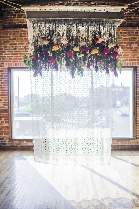 ceremony backdrop with hanging flowers, photo by Hannah Elaine Photography http://ruffledblog.com/the-2nd-notwedding-nashville #weddingceremony #backdrops Industrial Wedding Ceremony, Flowers Hanging, Diy Wedding Backdrop, Boda Mexicana, Backdrop Ideas, Boho Wedding Decorations, Diy Backdrop, Hanging Flowers, Ceremony Backdrop