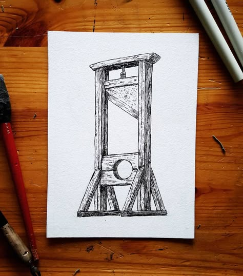 Guillotine Art, Guillotine Drawing, Molotow Cocktail, Guillotine Tattoo, Flash Sketch, Medieval Torture, Dark Tattoo, Watercolour Paper, Tattoo Design Drawings