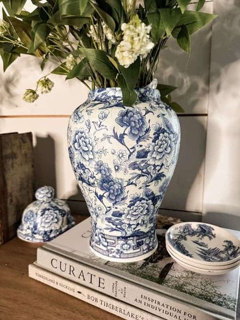 Diy Ginger Jar, Chinoiserie Decoupage, Thrift Store Diy Projects, Chinoiserie Ginger Jars, Thrifted Decor, Thrift Store Diy, Decoupage Tutorial, Farmhouse Cottagecore, Cottagecore Country