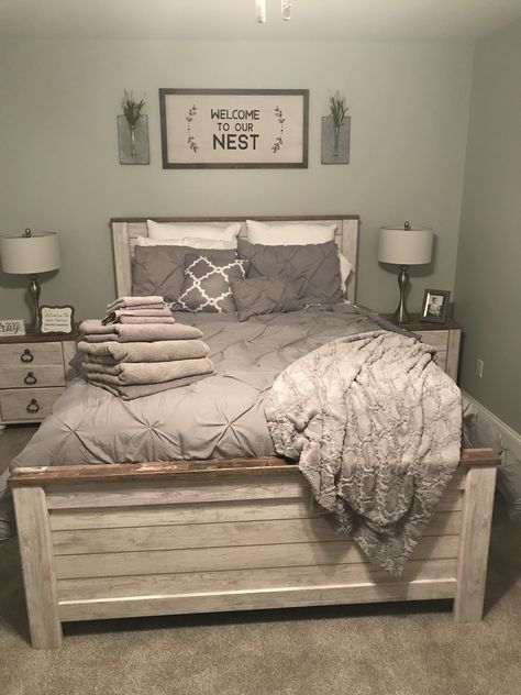 Guest Bedroom ideas! Sign from Hobby Lobby. Bedding from Target. Bed set from Ashley Furniture. Lamps from Burlington. Townhouse Ideas, Farmhouse Bedroom Furniture, Farmhouse Headboard, Design Ložnic, Apartment Goals, Bedroom Redo, Bedroom Color, Bedroom Color Schemes, Farmhouse Bedroom Decor