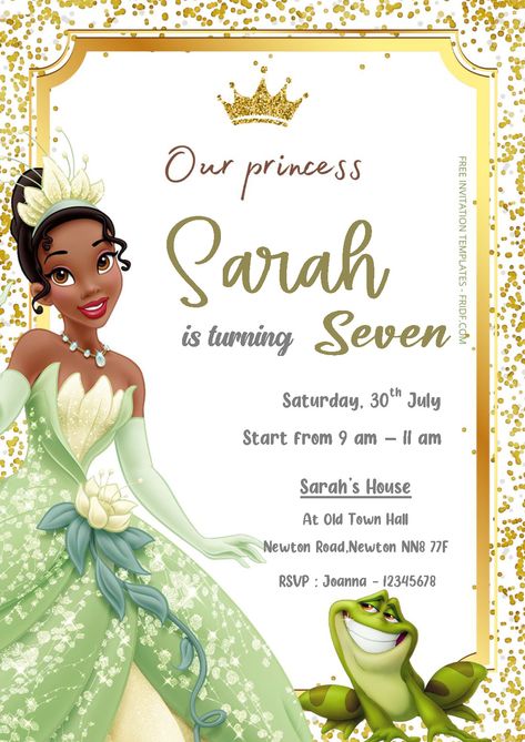 Free Editable Word - Princess Tiana Birthday Invitation Templates Check more at https://www.fridf.com/free-editable-word-princess-tiana-birthday-invitation-templates/ Princess Tiana Invitations, Princess Tiana Party, Tiana Birthday Party, 5th Birthday Girls, Quinceanera Centerpieces, Disney Princess Babies, Princesa Tiana, Disney Princess Artwork, Free Invitation Templates