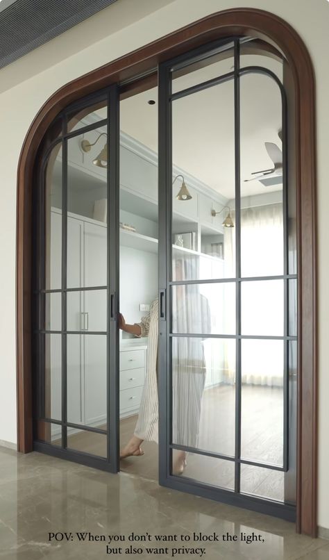 Curved Glass Sliding Doors, Arched Glass Pocket Doors, Arched Sliding Doors Interior, Arch Sliding Door, Arched Glass Doors, Kitchen Sliding Door, Rattan Door, Dining Room Wainscoting, Feature Wall Design