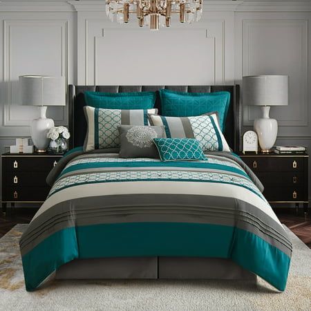 This beautiful 8-Piece bedding set is loaded with value and design. The fusion tile design is popped with a peacock teal color, accented with light and dark grey tones. A modern upscale look with refined features to please a masculine or feminine eye. Dimensions: 1 Comforter 104 inches x 92 inches, 2 standard shams 20 inches x 36 inches, 2 Euro shams- 26 inches wide x 26 inches, 1 Bedskirt 72 inches x 84 inches with 15-inch drop, and 2 Decorative Pillows Set Includes: (1) Comforter, (2) Shams, ( Teal Comforter, Peacock Teal, Complete Bedding Set, Grey Comforter Sets, Geometric Patchwork, Bedding Sets Grey, Bedroom Retreat, King Comforter Sets, Bed Skirt