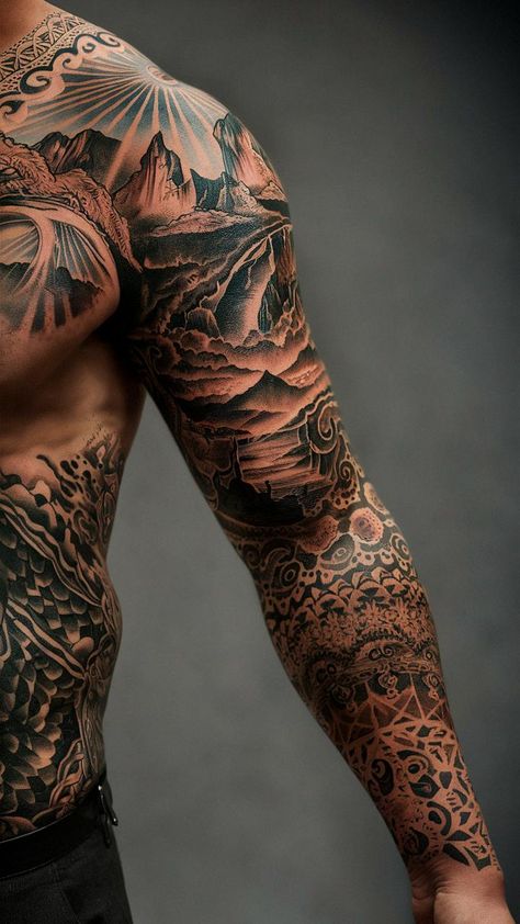 sleeve tattoo man Filler Tattoo Ideas Gap Men, Tattoos For Guys Back, Men’s Full Sleeve Tattoo, Traditional Tattoo Man, Sleeve Tattoos For Men, Tattoo Man, Full Sleeve Tattoo Design, Neck Tattoos Women, Warrior Tattoos