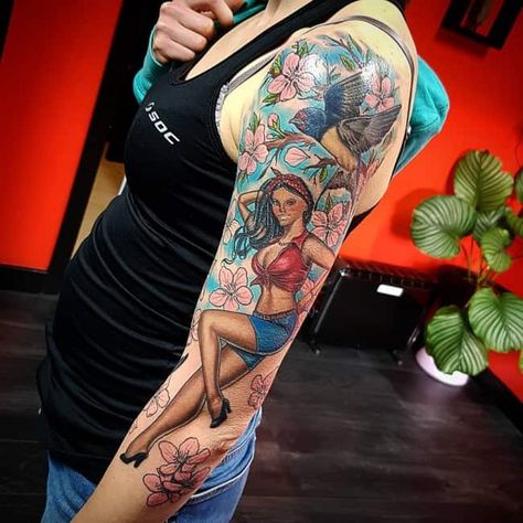 flowers and pin up girl arm tattoo Pinup Tattoos, Tattoo Pin Up, Pin Up Tattoo, Pinup Tattoo, Pin Up Girl Tattoo, Girl Arm Tattoos, Girls With Sleeve Tattoos, Up Tattoo, Pin Up Tattoos