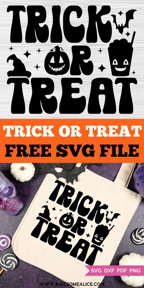 Download our free Trick or Treat SVG to add a festive touch to your Halloween crafts! Perfect for Cricut and Silhouette, this design is ideal for creating custom trick-or-treat bags, spooky decorations, and Halloween-themed apparel. Make your Halloween extra special with this easy-to-use, fun design! Diy Halloween Food, Spooky Halloween Crafts, Trick Or Treat Svg, Spooky Decorations, Cricut Halloween, Trick Or Treat Bags, Spooky Decor, Cricut Tutorials, Svg Halloween