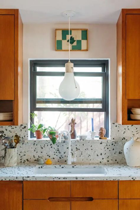 Red and Green Pair Up All Over This Dallas Home, But It Never Feels Like Christmas | domino Terrazzo Kitchen Countertops, Terrazzo Countertop, Terrazzo Kitchen, Concrete Collaborative, Blue Subway Tile, Kitchen 2023, Kitchen Goals, Terrazzo Tile, Kitschy Kitchen