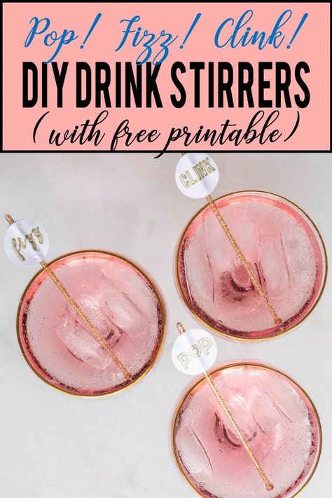 I love these glam gold Pop Fizz Clink DIY drink stirrers. They look so pretty in my champagne cocktails. Perfect for all kinds of parties like bachelorette parties, Valentine's Day and birthday parties. Diy Drink Stirrers, Champagne Jello Shots, Champagne Drinks, Champagne Cocktails, Easy Party Decorations, Pretty Cocktails, Party Cocktails, Pop Fizz Clink, Party Things