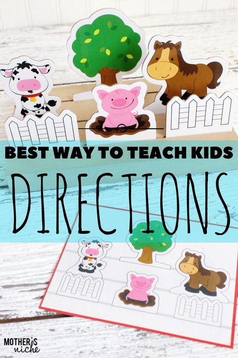 This is the perfect activity for teaching direction vocabulary. Teaching them words like, in front, in back, behind, between, on the right, on the left, forward, next to, and so on. | Mother's Niche Preschool Farm, Play Dough Mats, Dough Mats, Farm Unit, Farm Preschool, Playdough Activities, Farm Games, Farm Activities, Quiet Activities