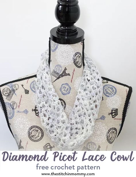 Diamond Picot Lace Cowl - Free Crochet Pattern - Scarf of the Month Club hosted by The Stitchin' Mommy and Oombawka Design | www.thestitchinmommy.com #ScarfoftheMonthClub2018 Knitting Cowl, Crochet Cowls, Expression Fiber Arts, Crochet Cowl Pattern, Pattern Scarf, Shawl Patterns, Cowl Pattern, Scarf Crochet Pattern, Crochet Cowl