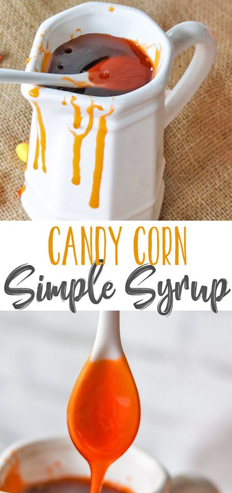 This seasonal fun Candy Corn Simple Syrup is very easy to make and creates a delicious, thick syrup that is great in drinks and cocktails or drizzled on desserts, or even poured over pancakes and waffles. If you love candy corn recipes, you'll love this fun seasonal fall recipe. Corn Syrup Recipes, Candy Corn Recipes, Candy Corn Desserts, Divine Recipes, Candy Corn Recipe, Simple Syrups, Candy Apple Recipe, Autumn Food, Easy Halloween Food