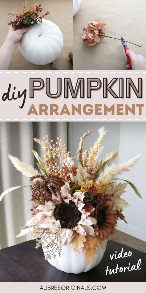 diy pumpkin flower arrangement tutorial Pumpkin Centerpieces Diy, Pumpkin Flower Centerpiece, Fall Entry Table, No Carve Pumpkin Decorating Ideas, Diy Thanksgiving Centerpieces, Thanksgiving Floral Arrangements, Thanksgiving Centerpieces Diy, Fall Entry, Pumpkin Floral Arrangements