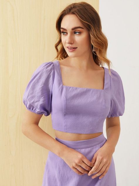 SHEIN Puff Sleeve Crop Top and Flounce Hem Skirt Set | SHEIN Puff Sleeve Top And Skirt, Simple Frock, Co Ords Outfits, Simple Frock Design, Plain Skirt, Simple Frocks, Sunday Dress, Puff Sleeve Crop Top, Crop Top Dress