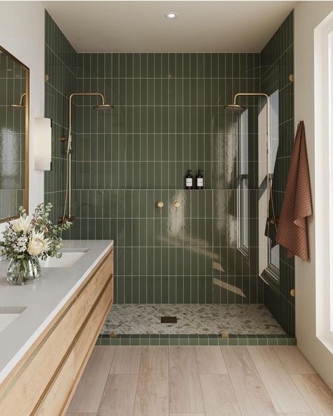 Green Shower Tile, Green Tile Bathroom, Subway Tiles Bathroom, Modern Bathroom Tile, Spa Like Bathroom, Bathroom Shower Tile, Bathroom Inspiration Decor, Green Tile, Bathroom Floor Tiles