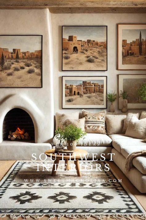 Get inspired by rustic eclectic interiors with a Southwestern twist! This decorating guide will help you achieve the perfect Southwest interior style in your home. Southwest Industrial Decor, Southwestern Lodge Decor, Southwestern Fireplace Decor, Southwest Style Decor Interior Design, American Southwestern Interior Design, Cozy Southwest Living Room, Southwest Gallery Wall, Minimal Southwestern Decor, Southwest Mountain Decor