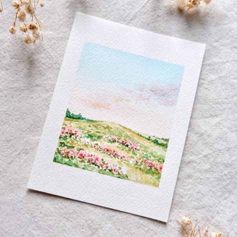 Mini Watercolor Landscape Paintings, Watercolor Art Flower Field, Wildflower Field Watercolor, Watercolour Field Of Flowers, Watercolor Landscape Flowers, Watercolor Vintage Painting, Summer Paintings Watercolor, Flower Landscape Watercolor, Cute Mini Watercolor Paintings