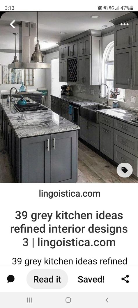 Kitchen With Dark Countertops, Grey Kitchen Ideas, Grey Painted Kitchen, Dark Brown Cabinets Kitchen, Grey Kitchen Floor, Grey Kitchen Designs, Marble Countertops Kitchen, Dark Countertops, Kitchen Ideas Dark Cabinets