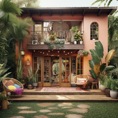 Modern Eclectic House Exterior, Boho Chic House Exterior, Artsy Houses Exterior, Boho House Exterior Bohemian, Bohemian Exterior House, Earthy House Exterior, Bohemian House Exterior, Boho Exterior House, Bohemian Exterior