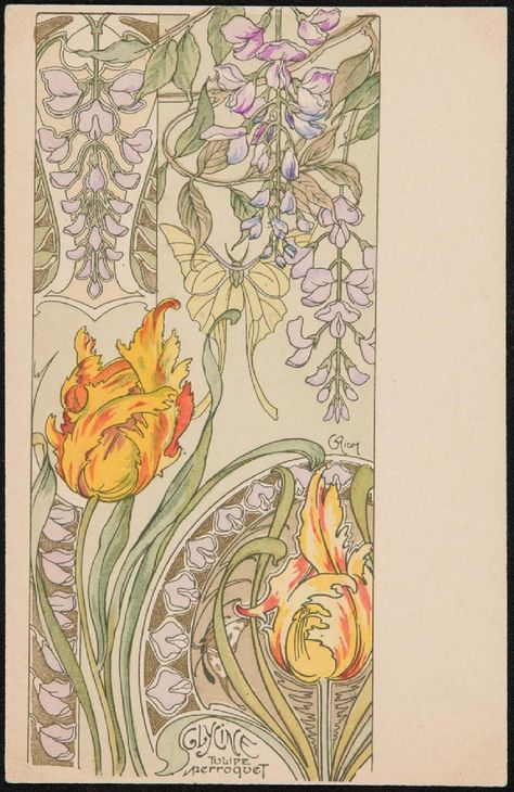 Fleurs Art Nouveau, Floral Motives, Parrot Tulip, Alphonse Mucha Art, Mucha Art, Art Nouveau Illustration, Art Nouveau Flowers, Art Nouveau Poster, Postcard Design