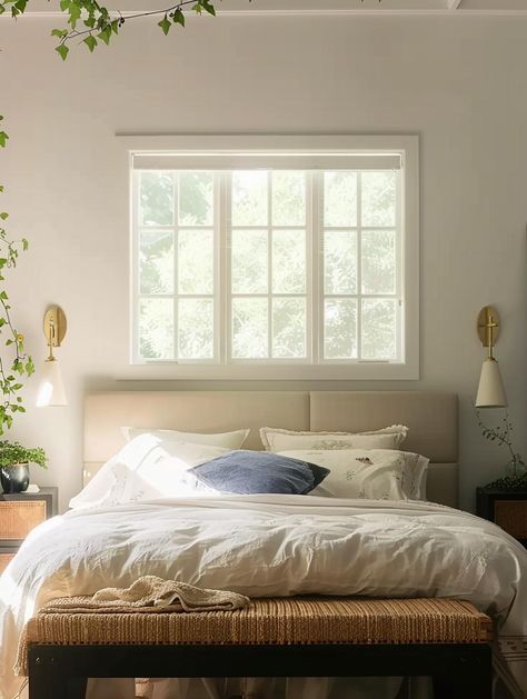 Window Behind Bed Ideas, Behind Bed Ideas, Window Above Bed, Window Behind Bed, Curtains Behind Bed, Woven Bench, Parents Bedroom, White Linens, Side Bed