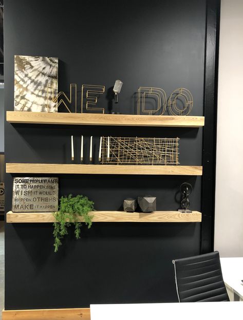 Wood Floating Shelves On Black Wall, Black Wall With Wood Shelves, Black Wall With Natural Wood Shelves, Black Wall With Shelves, Wood Floating Shelves Black Cabinets, Black Wood Floating Shelves, Corner Shelves Kitchen, Creative Shelving Ideas, Home Organization Wall