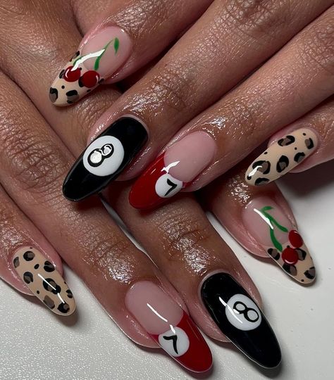 #nails #nailart #nailtech #leopardprint #nail2inspire #nailsart #8ball #naildesign #summernails Korean Nails Jelly, Gel Extensions Nails, Cute Nails Almond, Fall Nails Gel, Steelers Nails, Rockabilly Nails, Extensions Nails, Nail Halloween, Halloween Nail Art Ideas