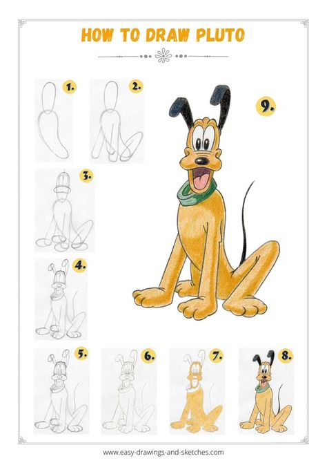 Learn how to draw Pluto in few simple steps Easy Pokemon Drawings, Dog Drawing Simple, Drawing Ideas For Kids, Disney Character Drawings, Pluto Disney, Oil Pastel Drawings Easy, Drawing Legs, Disney Character Drawing, Easy Animal Drawings