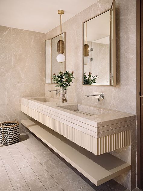 Fluted details and a nude marble lend a certain softness to the master bath Image Credit: Ishita Sitwala | Styling Credit: Samir Wadekar Washroom Tiles Design, His And Hers Bathroom, Bathroom Sink Design, Bathroom Sink Decor, Vanity Counter, Beautiful Bathroom Designs, Toilet Bidet, Washroom Decor, Modern Bathroom Sink