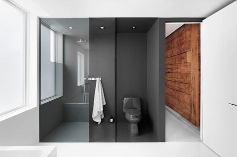 A original hemlock wood wall clads the corridor leading to the bathroom. Just inside, the dark gray epoxied shower area (with a Cimarron Kohler toilet) forms a solid contrast to the white walls and floors. Futuristic Apartment, Gray Bathrooms, Dark Gray Bathroom, Bold Bathroom, Architecture Bathroom, Gray Bathroom, Old Apartments, Grey Bathroom, Minimalist Apartment