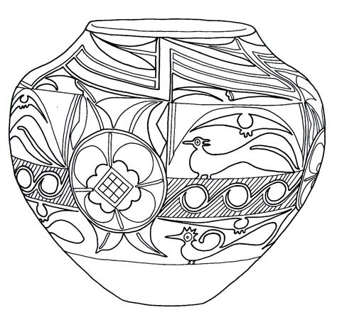 A vase with a variety of symbols from the Acoma Pueblo Indians printable coloring book page Native American Coloring Pages, Pottery Coloring, Rez Dogs, Acoma Pueblo, Pueblo Indians, Ancient Greek Pottery, Indian Colours, Native American Patterns, Designs Coloring Books