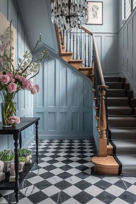 This elegant entryway features a grand staircase with a dark wood banister and a crystal chandelier hanging overhead. Small Staircase Ideas, Victorian Staircase, Tiled Flooring, Oak Staircase, Small Staircase, Victorian Interiors, Hallway Designs, Inspired Interiors, Casa Vintage